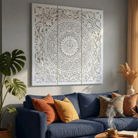Josa 3pc Wood Wall Panel Set, Mandala Floral Carving, Antique White Finish, 48 Inch Square Decor - UPT-339542