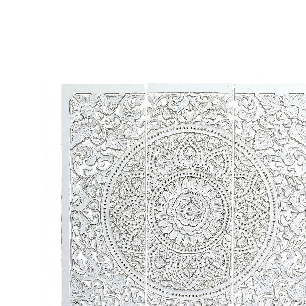 Josa 3pc Wood Wall Panel Set, Mandala Floral Carving, Antique White Finish, 48 Inch Square Decor - UPT-339542