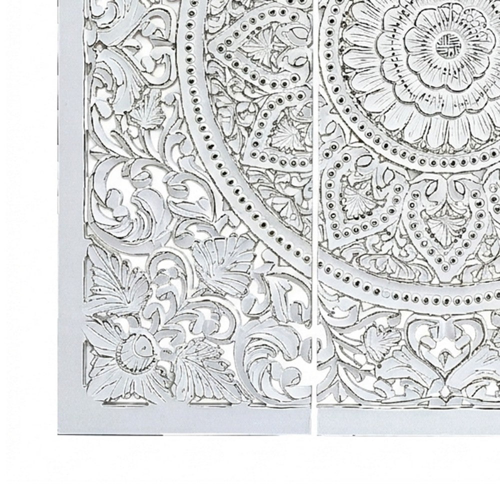 Josa 3pc Wood Wall Panel Set, Mandala Floral Carving, Antique White Finish, 48 Inch Square Decor - UPT-339542