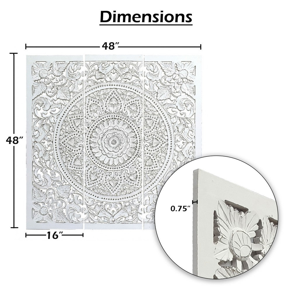 Josa 3pc Wood Wall Panel Set, Mandala Floral Carving, Antique White Finish, 48 Inch Square Decor - UPT-339542