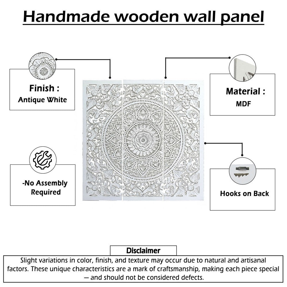 Josa 3pc Wood Wall Panel Set, Mandala Floral Carving, Antique White Finish, 48 Inch Square Decor - UPT-339542