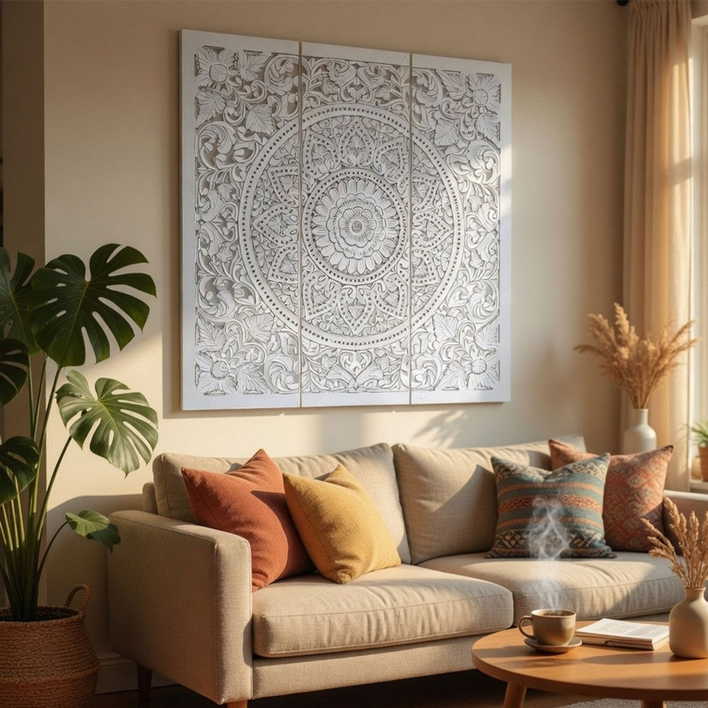 Josa 3pc Wood Wall Panel Set, Mandala Floral Carving, Antique White Finish, 48 Inch Square Decor - UPT-339542