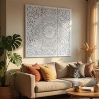 Josa 3pc Wood Wall Panel Set, Mandala Floral Carving, Antique White Finish, 48 Inch Square Decor - UPT-339542