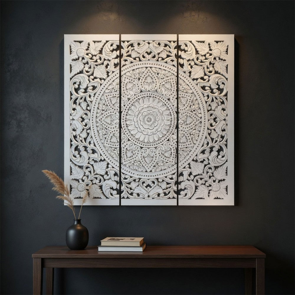 Josa 3pc Wood Wall Panel Set, Mandala Floral Carving, Antique White Finish, 48 Inch Square Decor - UPT-339542