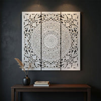 Josa 3pc Wood Wall Panel Set, Mandala Floral Carving, Antique White Finish, 48 Inch Square Decor - UPT-339542