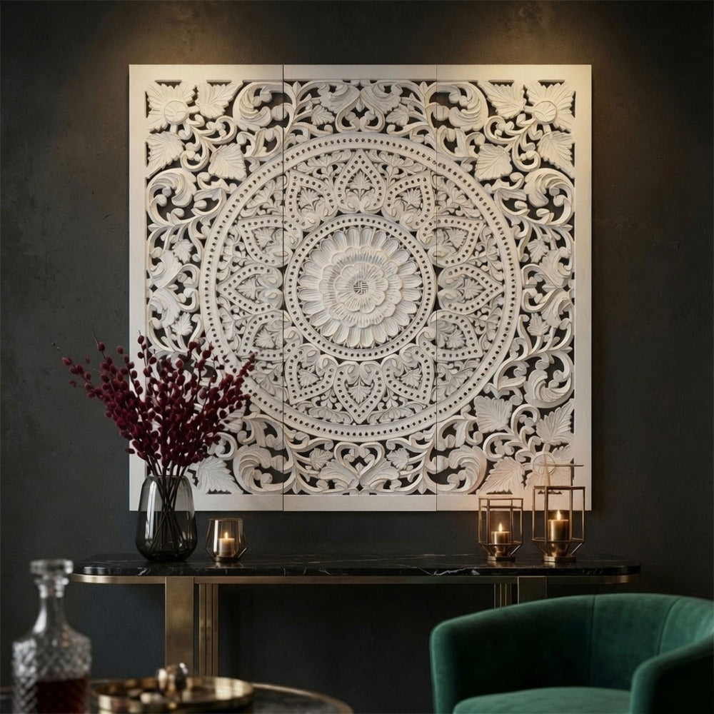 Josa 3pc Wood Wall Panel Set, Mandala Floral Carving, Antique White Finish, 48 Inch Square Decor - UPT-339542