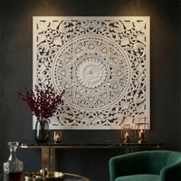 Josa 3pc Wood Wall Panel Set, Mandala Floral Carving, Antique White Finish, 48 Inch Square Decor - UPT-339542