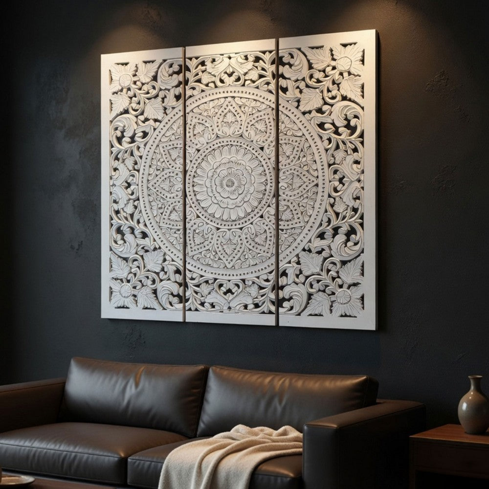 Josa 3pc Wood Wall Panel Set, Mandala Floral Carving, Antique White Finish, 48 Inch Square Decor - UPT-339542