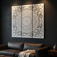 Josa 3pc Wood Wall Panel Set, Mandala Floral Carving, Antique White Finish, 48 Inch Square Decor - UPT-339542