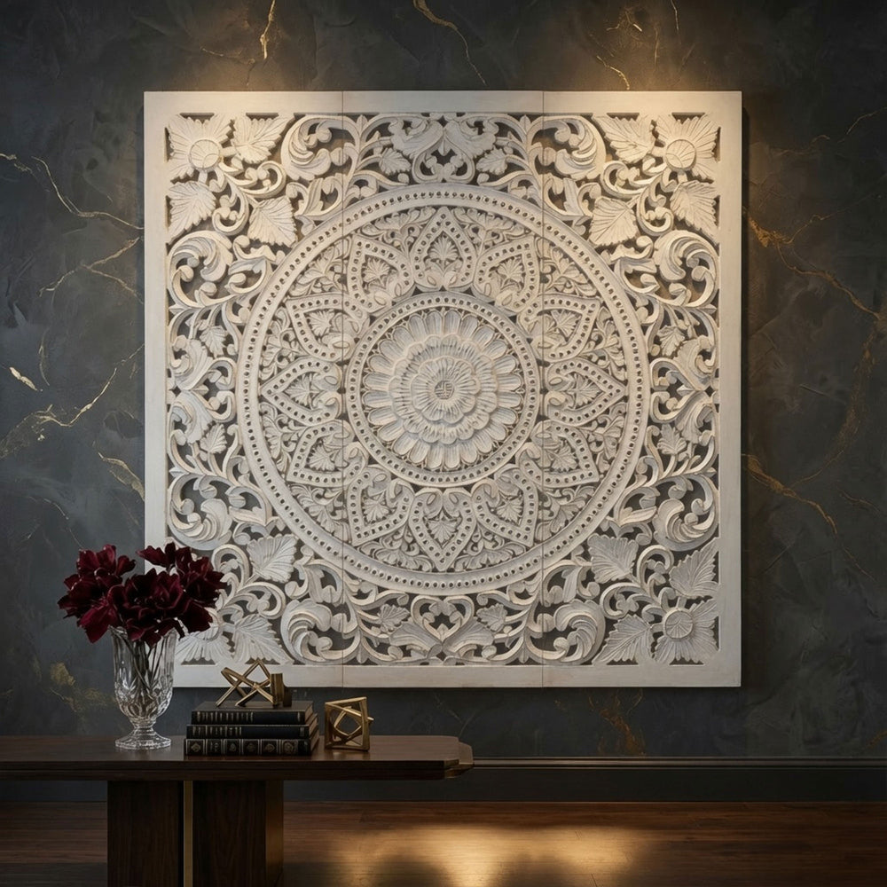Josa 3pc Wood Wall Panel Set, Mandala Floral Carving, Antique White Finish, 48 Inch Square Decor - UPT-339542