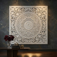 Josa 3pc Wood Wall Panel Set, Mandala Floral Carving, Antique White Finish, 48 Inch Square Decor - UPT-339542
