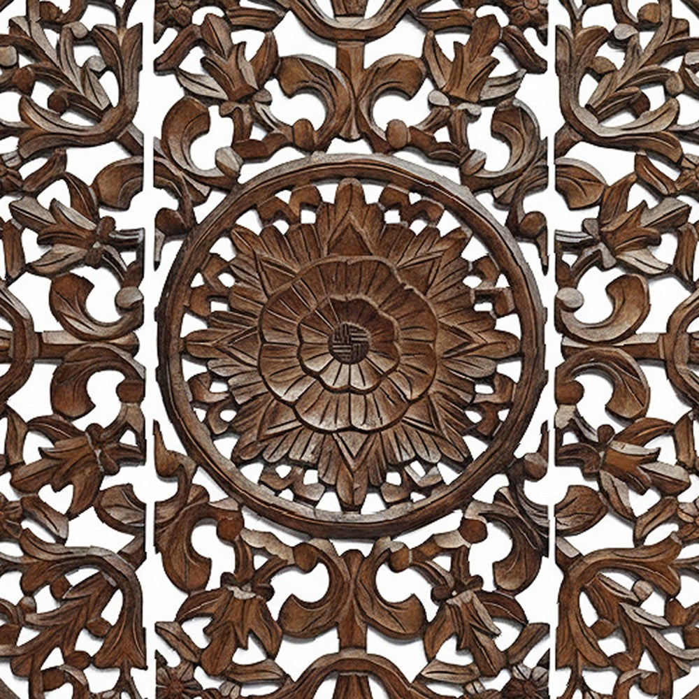 Josa 3pc Wood Wall Panel Set, Mandala Floral Carving, Brown Finish, 48 Inch Square Decor - UPT-339543