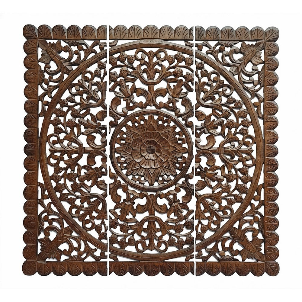 Josa 3pc Wood Wall Panel Set, Mandala Floral Carving, Brown Finish, 48 Inch Square Decor - UPT-339543
