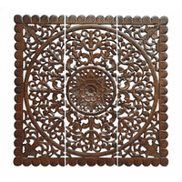 Josa 3pc Wood Wall Panel Set, Mandala Floral Carving, Brown Finish, 48 Inch Square Decor - UPT-339543