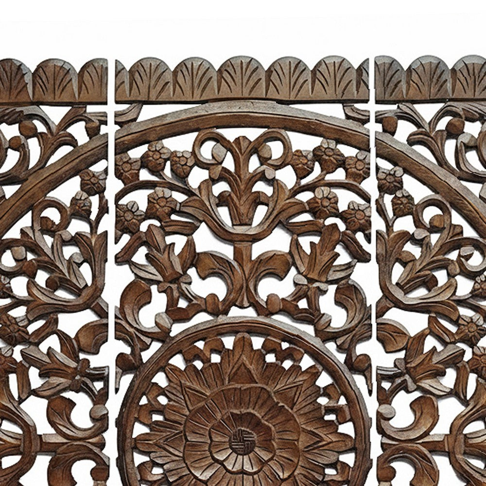 Josa 3pc Wood Wall Panel Set, Mandala Floral Carving, Brown Finish, 48 Inch Square Decor - UPT-339543