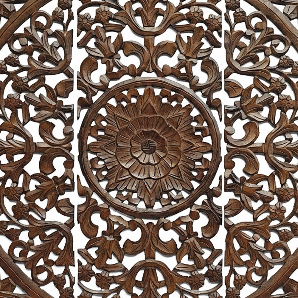 Josa 3pc Wood Wall Panel Set, Mandala Floral Carving, Brown Finish, 48 Inch Square Decor - UPT-339543