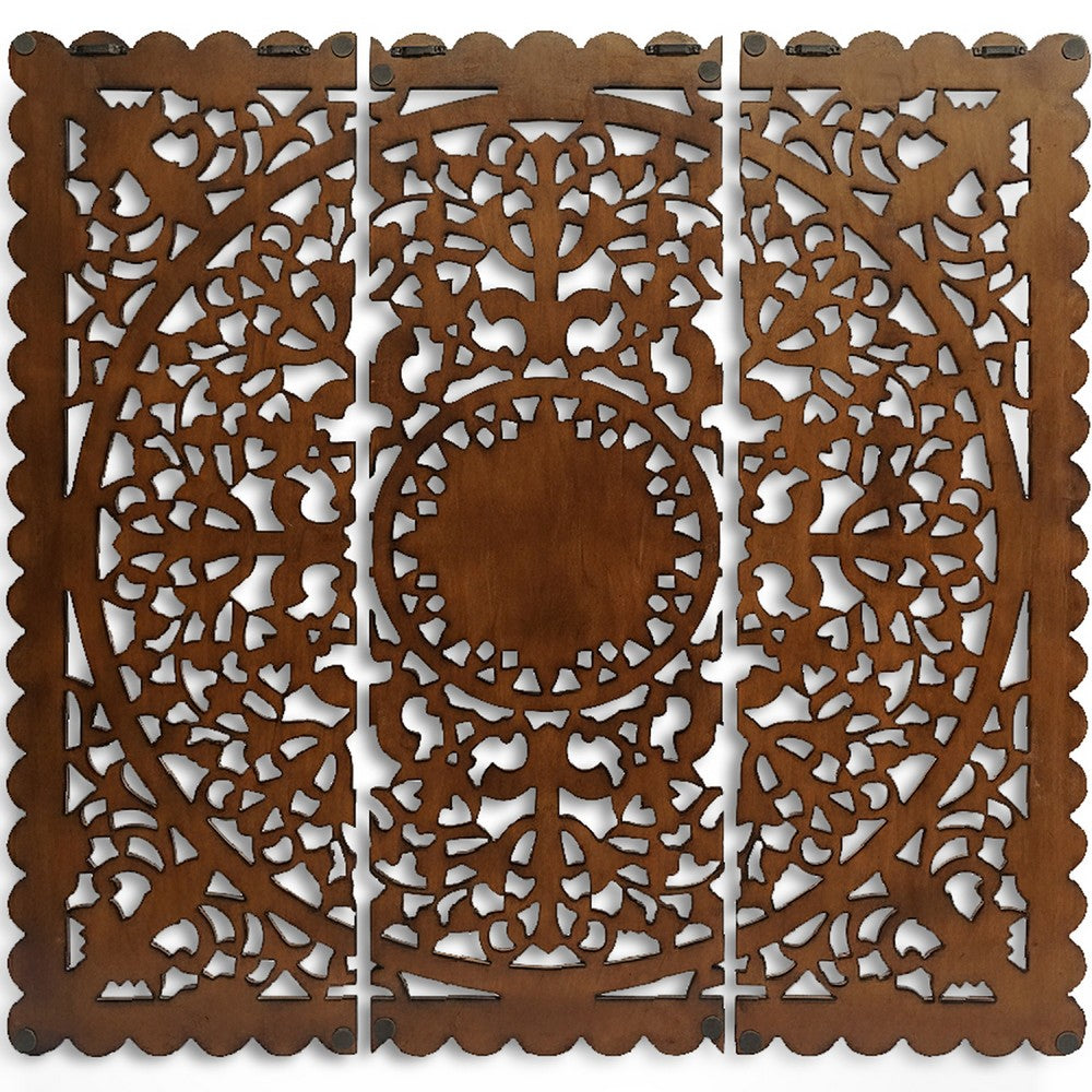 Josa 3pc Wood Wall Panel Set, Mandala Floral Carving, Brown Finish, 48 Inch Square Decor - UPT-339543