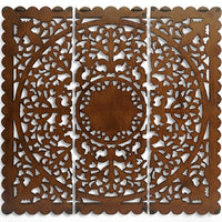 Josa 3pc Wood Wall Panel Set, Mandala Floral Carving, Brown Finish, 48 Inch Square Decor - UPT-339543
