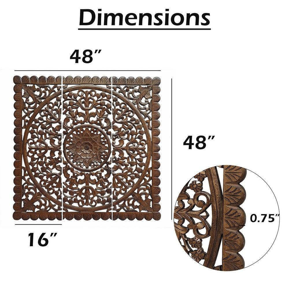 Josa 3pc Wood Wall Panel Set, Mandala Floral Carving, Brown Finish, 48 Inch Square Decor - UPT-339543