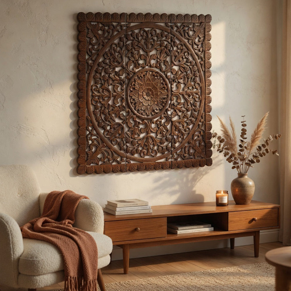 Josa 3pc Wood Wall Panel Set, Mandala Floral Carving, Brown Finish, 48 Inch Square Decor - UPT-339543