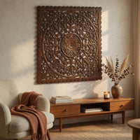 Josa 3pc Wood Wall Panel Set, Mandala Floral Carving, Brown Finish, 48 Inch Square Decor - UPT-339543