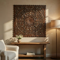 Josa 3pc Wood Wall Panel Set, Mandala Floral Carving, Brown Finish, 48 Inch Square Decor - UPT-339543