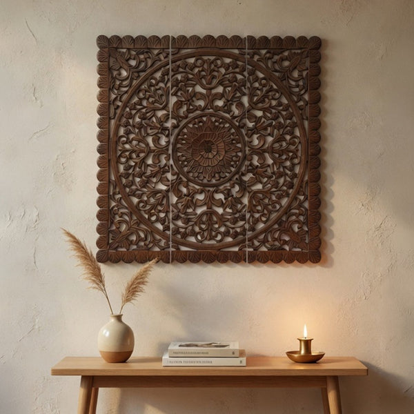 Josa 3pc Wood Wall Panel Set, Mandala Floral Carving, Brown Finish, 48 Inch Square Decor - UPT-339543