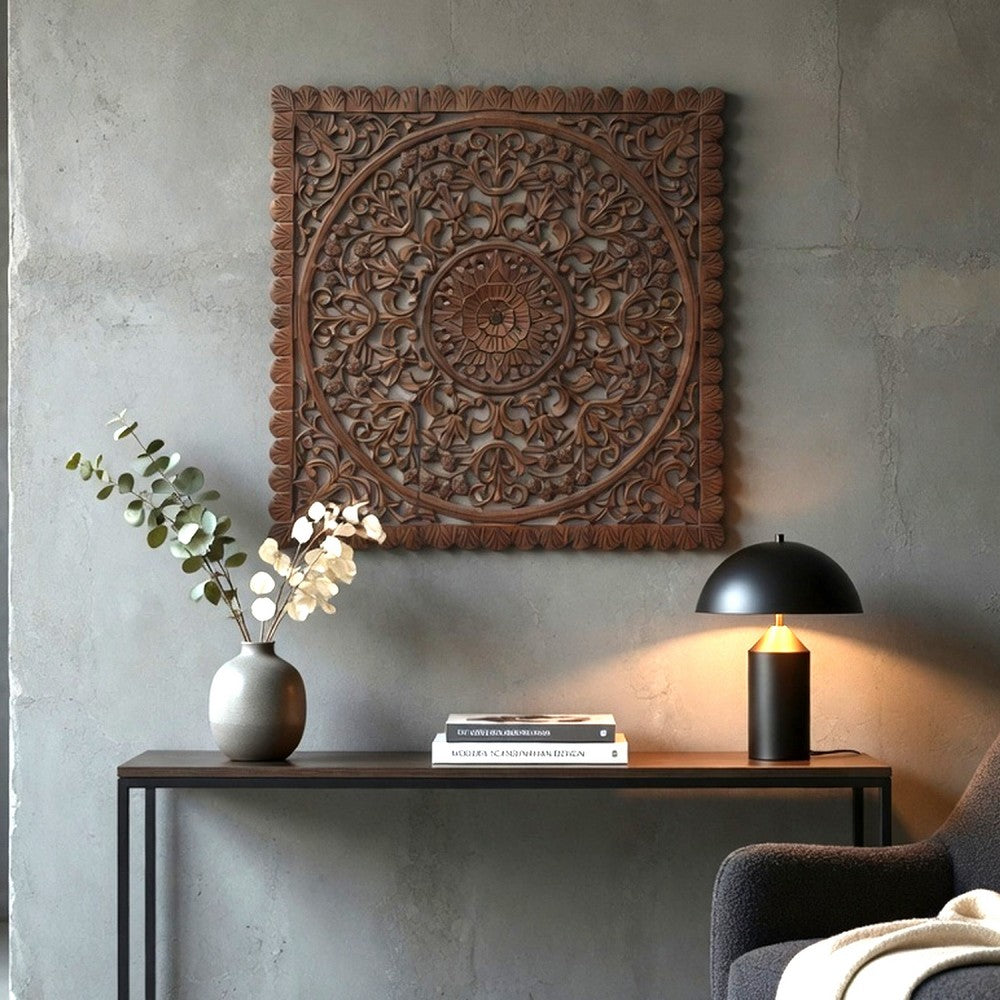 Josa 3pc Wood Wall Panel Set, Mandala Floral Carving, Brown Finish, 48 Inch Square Decor - UPT-339543