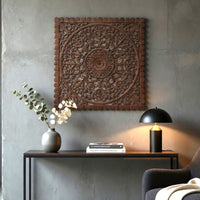 Josa 3pc Wood Wall Panel Set, Mandala Floral Carving, Brown Finish, 48 Inch Square Decor - UPT-339543