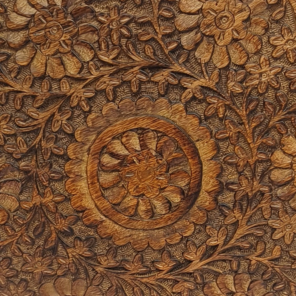 Ari 22 Inch Side End Table, Round Top, Hand Carved Indian Mandala Boho Accent, Brown Mango Wood - UPT-339544