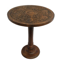 Ari 22 Inch Side End Table, Round Top, Hand Carved Indian Mandala Boho Accent, Brown Mango Wood - UPT-339544