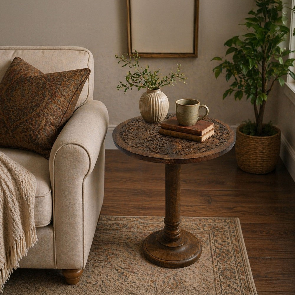 Ari 22 Inch Side End Table, Round Top, Hand Carved Indian Mandala Boho Accent, Brown Mango Wood - UPT-339544