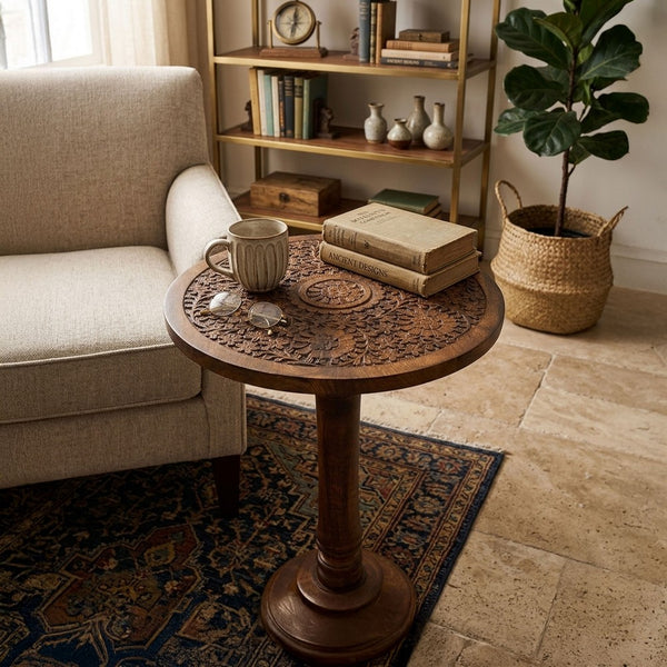 Ari 22 Inch Side End Table, Round Top, Hand Carved Indian Mandala Boho Accent, Brown Mango Wood - UPT-339544