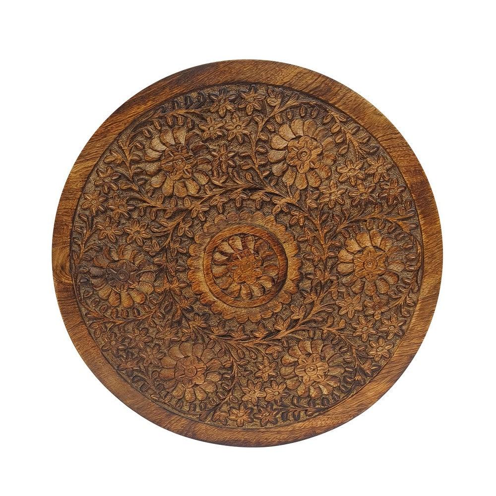 Ari 22 Inch Side End Table, Round Top, Hand Carved Indian Mandala Boho Accent, Brown Mango Wood - UPT-339544