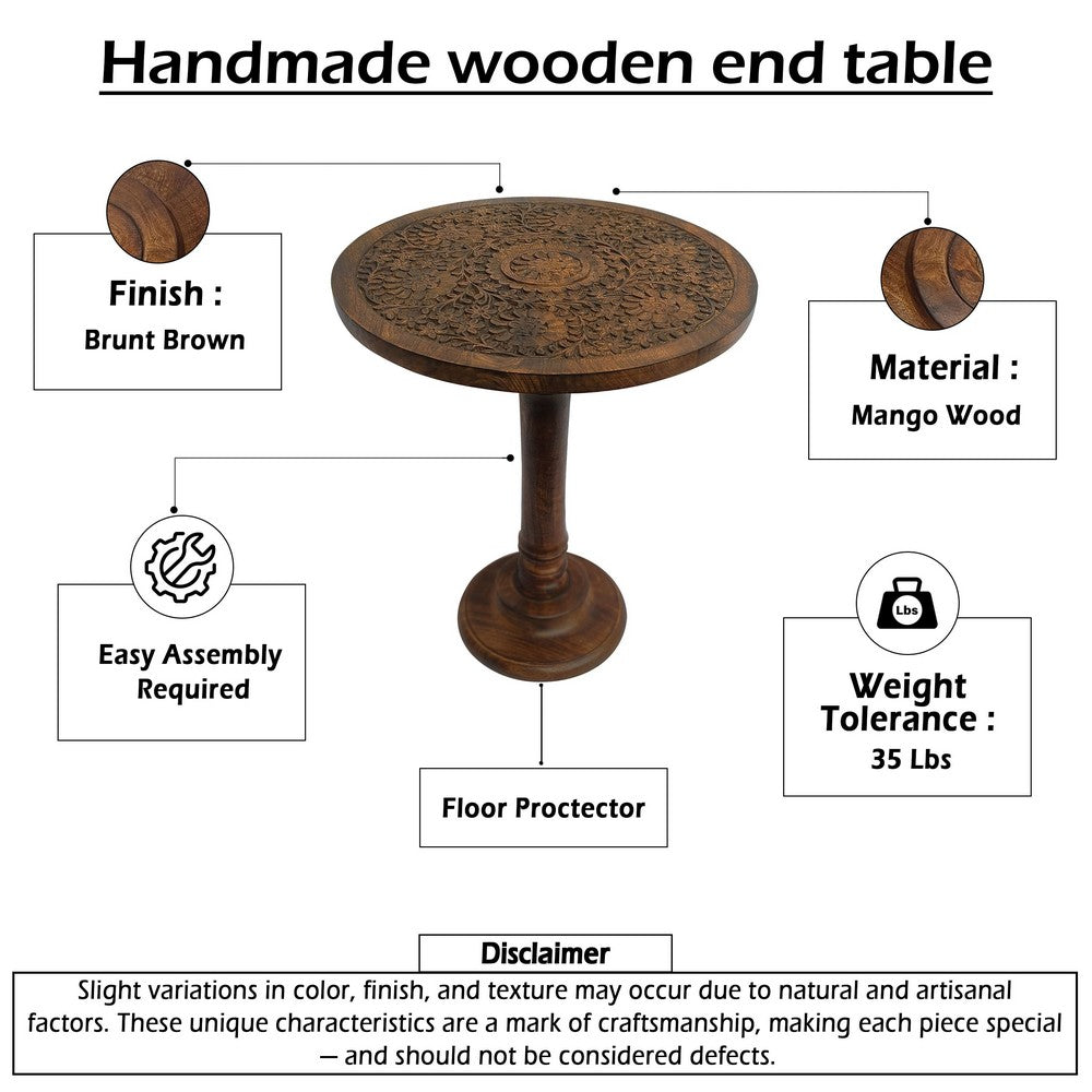 Ari 22 Inch Side End Table, Round Top, Hand Carved Indian Mandala Boho Accent, Brown Mango Wood - UPT-339544