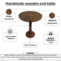 Ari 22 Inch Side End Table, Round Top, Hand Carved Indian Mandala Boho Accent, Brown Mango Wood - UPT-339544