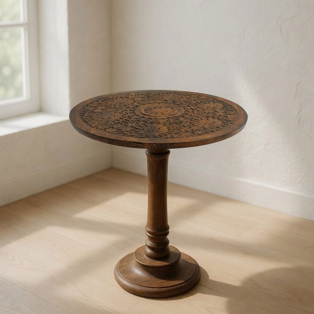 Ari 22 Inch Side End Table, Round Top, Hand Carved Indian Mandala Boho Accent, Brown Mango Wood - UPT-339544