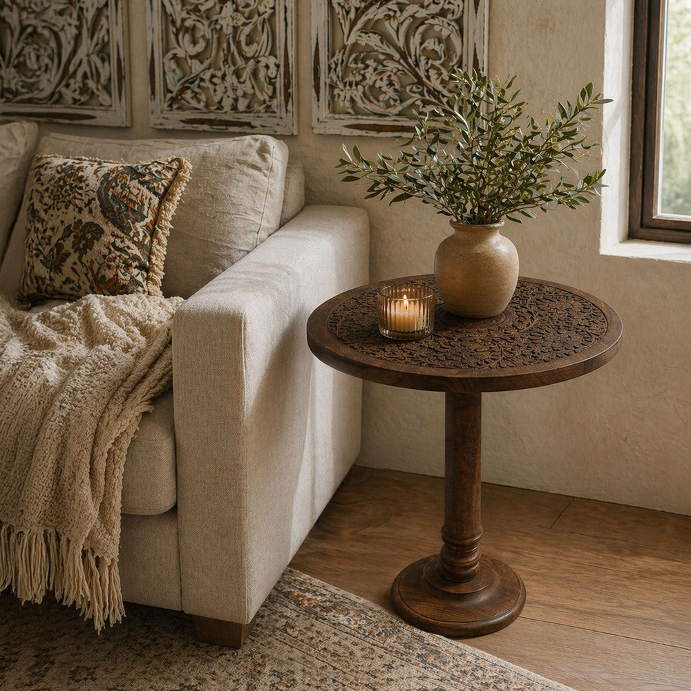 Ari 22 Inch Side End Table, Round Top, Hand Carved Indian Mandala Boho Accent, Brown Mango Wood - UPT-339544