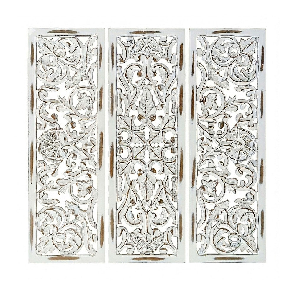 Leva 3pc Wood Wall Decor Set, Moroccan Floral Carving, Antique White Finish, 36 Inch Square - UPT-339545