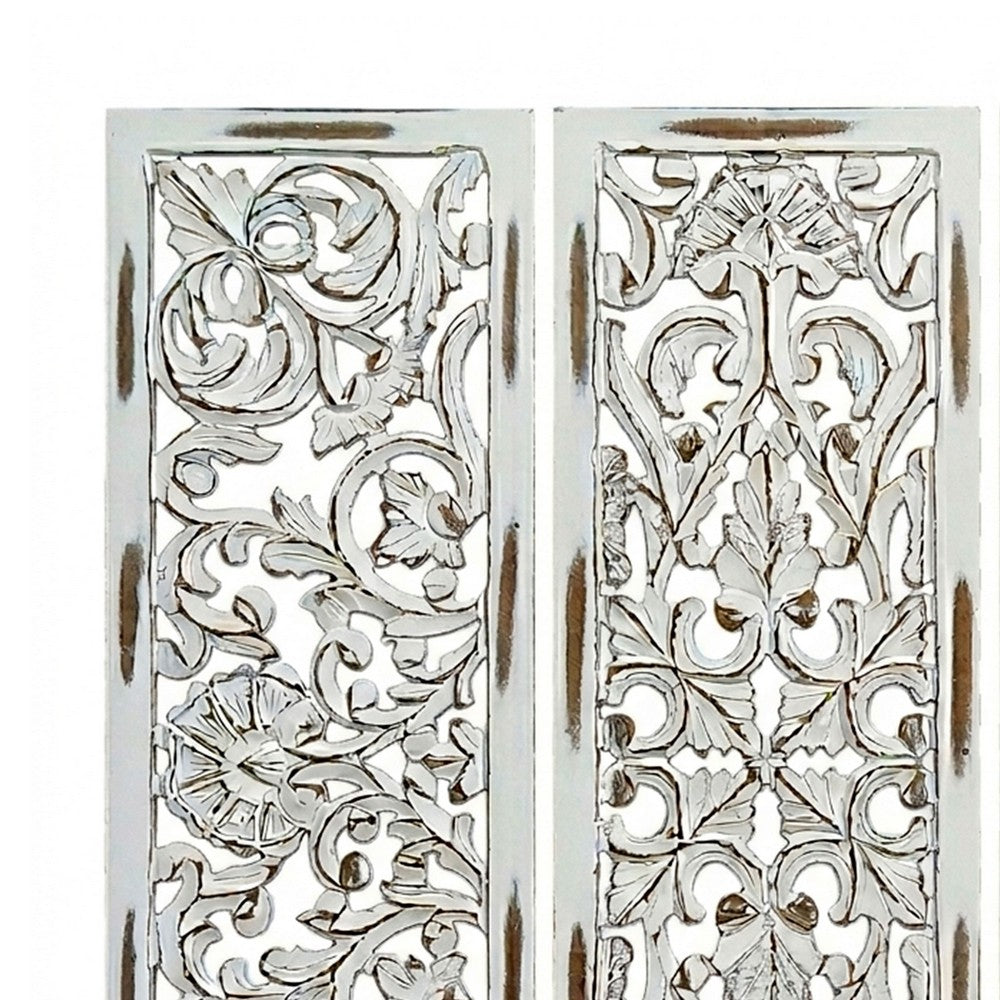 Leva 3pc Wood Wall Decor Set, Moroccan Floral Carving, Antique White Finish, 36 Inch Square - UPT-339545