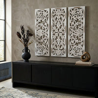 Leva 3pc Wood Wall Decor Set, Moroccan Floral Carving, Antique White Finish, 36 Inch Square - UPT-339545