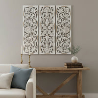 Leva 3pc Wood Wall Decor Set, Moroccan Floral Carving, Antique White Finish, 36 Inch Square - UPT-339545
