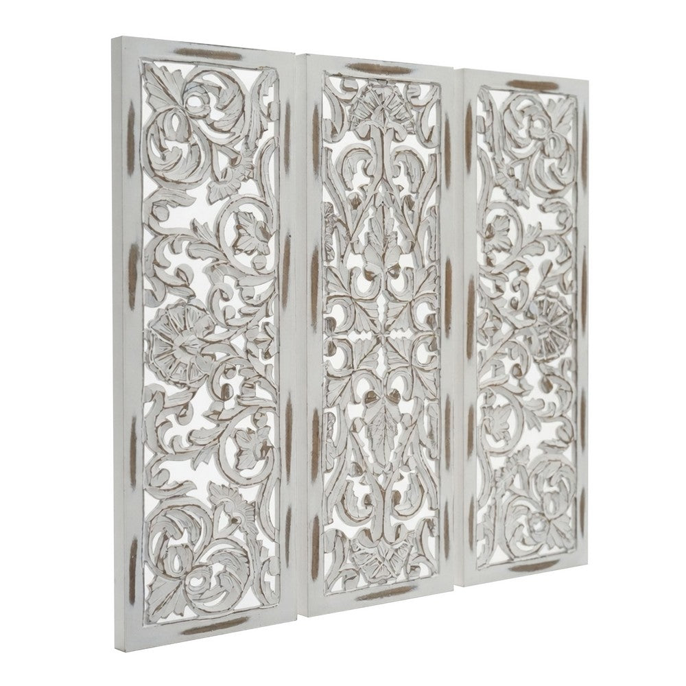 Leva 3pc Wood Wall Decor Set, Moroccan Floral Carving, Antique White Finish, 36 Inch Square - UPT-339545
