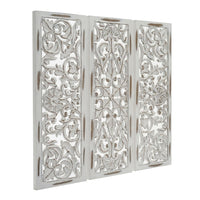 Leva 3pc Wood Wall Decor Set, Moroccan Floral Carving, Antique White Finish, 36 Inch Square - UPT-339545