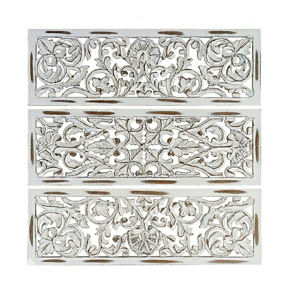 Leva 3pc Wood Wall Decor Set, Moroccan Floral Carving, Antique White Finish, 36 Inch Square - UPT-339545