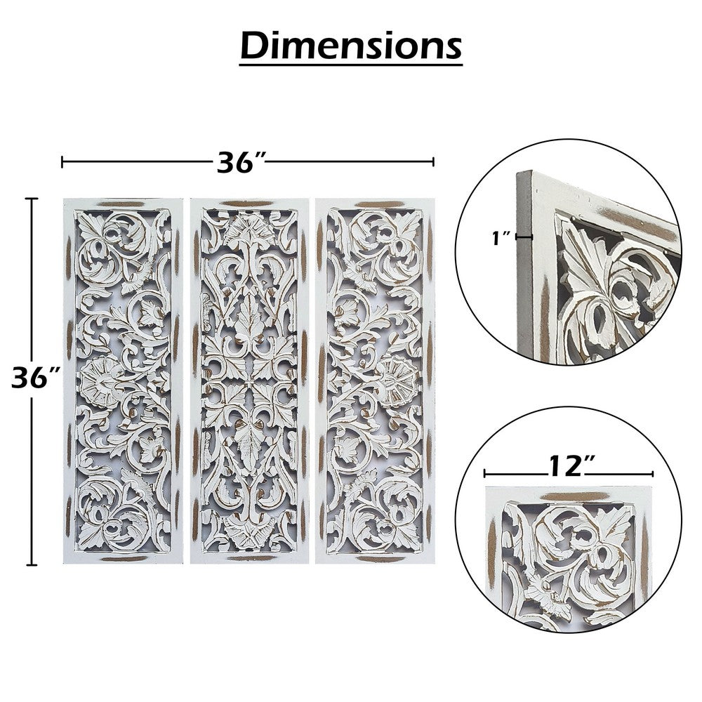 Leva 3pc Wood Wall Decor Set, Moroccan Floral Carving, Antique White Finish, 36 Inch Square - UPT-339545