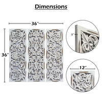 Leva 3pc Wood Wall Decor Set, Moroccan Floral Carving, Antique White Finish, 36 Inch Square - UPT-339545