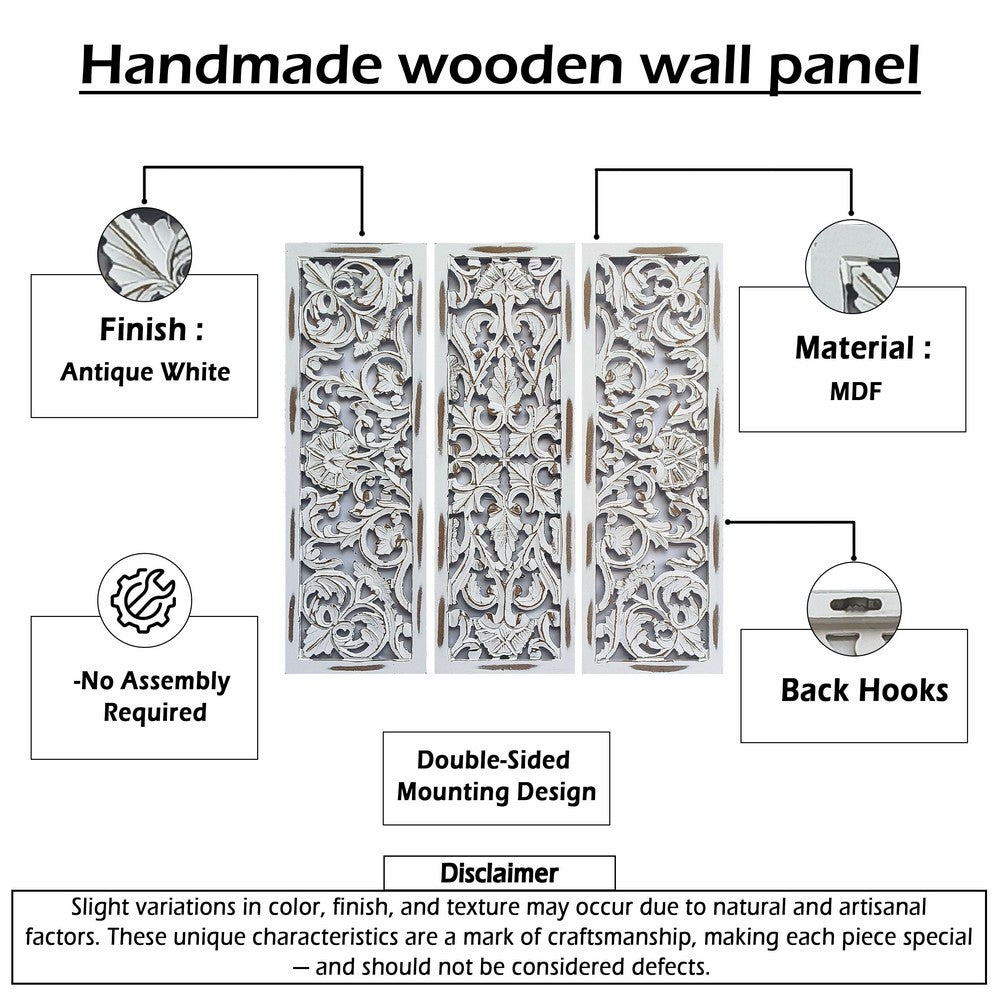 Leva 3pc Wood Wall Decor Set, Moroccan Floral Carving, Antique White Finish, 36 Inch Square - UPT-339545