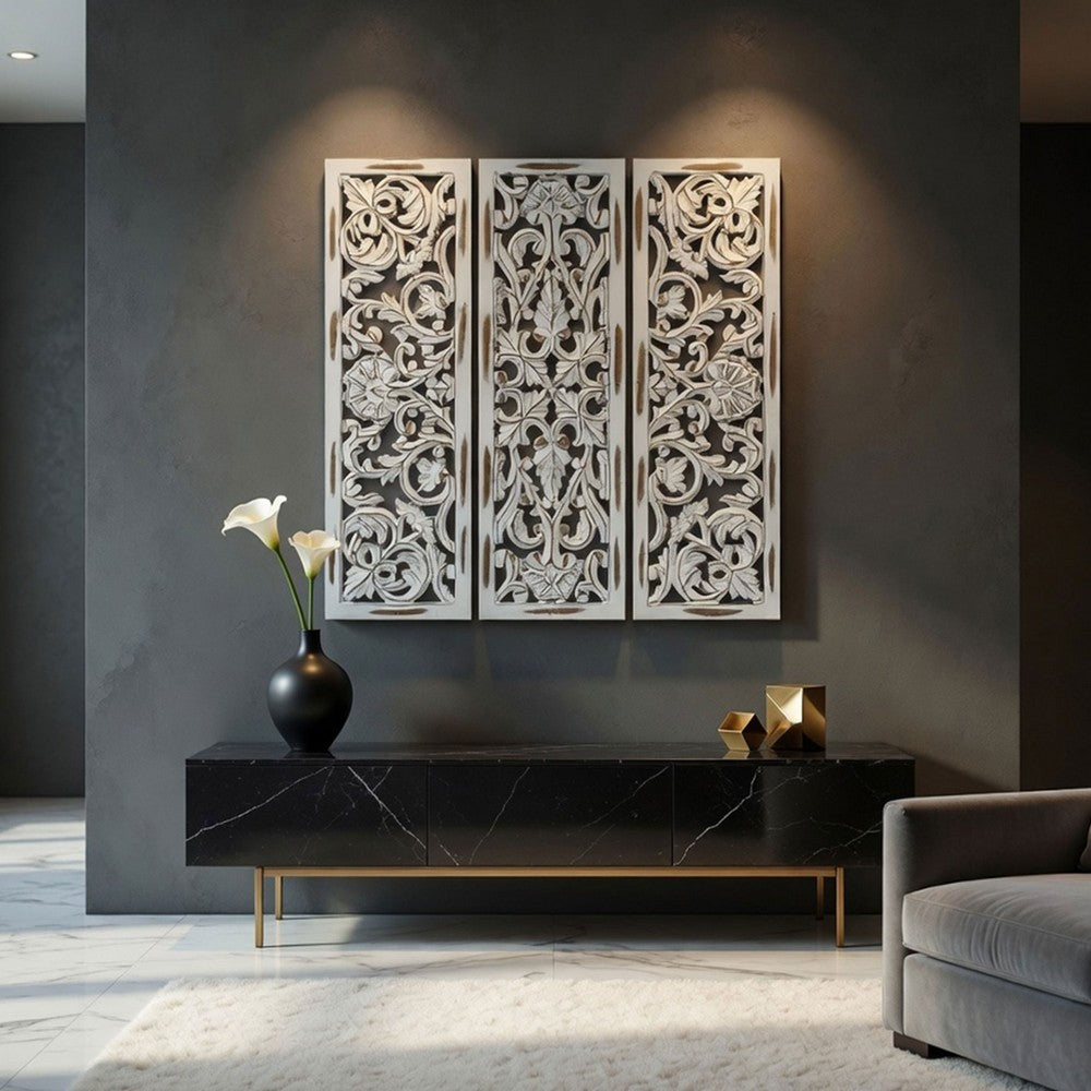 Leva 3pc Wood Wall Decor Set, Moroccan Floral Carving, Antique White Finish, 36 Inch Square - UPT-339545