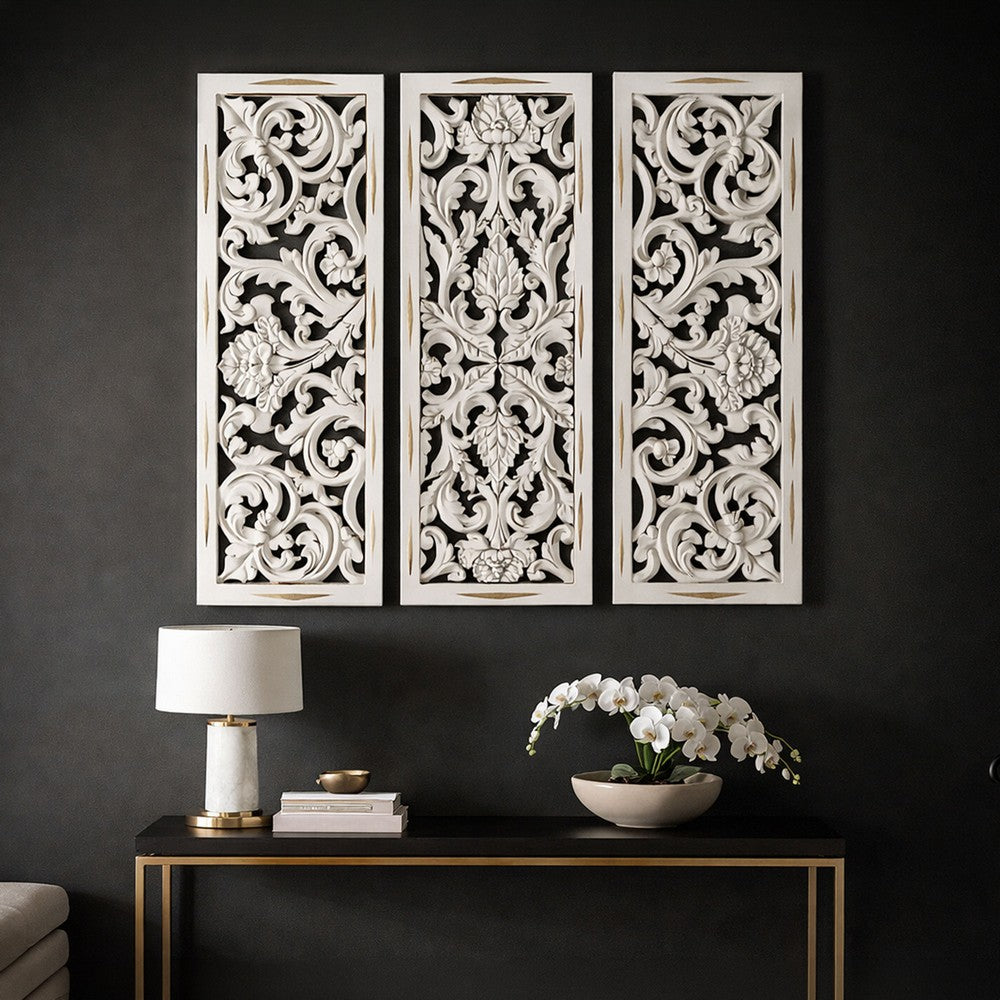 Leva 3pc Wood Wall Decor Set, Moroccan Floral Carving, Antique White Finish, 36 Inch Square - UPT-339545